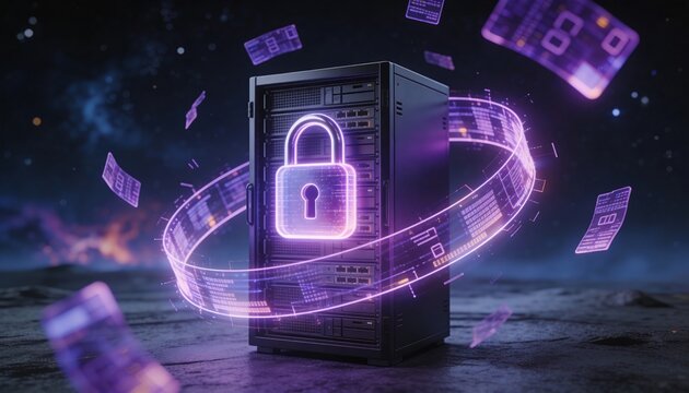 Minimalist 3D render of a dark server rack encased in a violet glowing padlock energy field, floating purple encrypted data fragments, dark cosmic futuristic background, vibrant digital color scheme, 