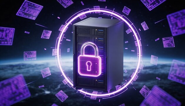 Violet glowing padlock energy field encasing a dark server rack, floating purple encrypted data fragments, minimalist clean 3D render, dark cosmic futuristic backdrop, vivid color scheme, logo-free