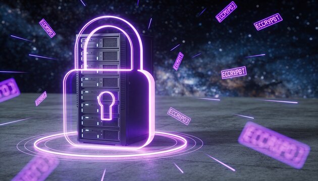 Violet glowing padlock energy field encasing a dark server rack, floating purple encrypted data fragments, minimalist clean 3D render, dark cosmic futuristic backdrop, vivid color scheme, logo-free