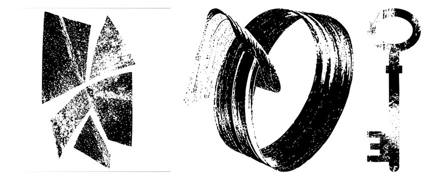 Weathered skeleton key beside bold abstract shapes, in gritty halftone sometimes &ldquo;bit key&rdquo; or &ldquo;ward key&rdquo; in vintage slang. Stark black and white contrast evokes mystery, decay ideal for edgy bran
