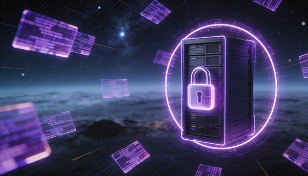 Minimalist 3D render of a dark server rack encased in a violet glowing padlock energy field, floating purple encrypted data fragments, dark cosmic futuristic background, vibrant digital color scheme, 
