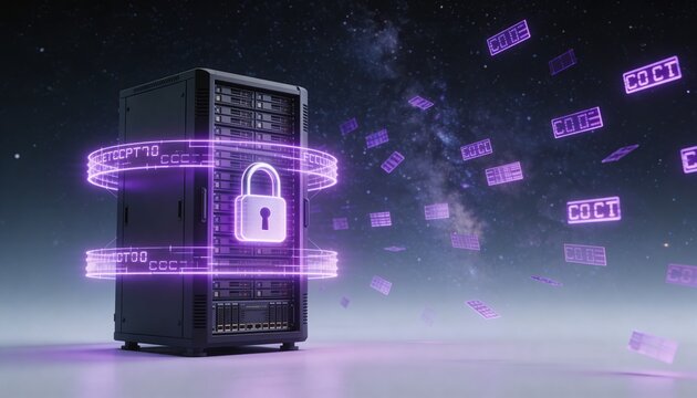 Minimalist 3D render of a dark server rack encased in a violet glowing padlock energy field, floating purple encrypted data fragments, dark cosmic futuristic background, vibrant digital color scheme, 