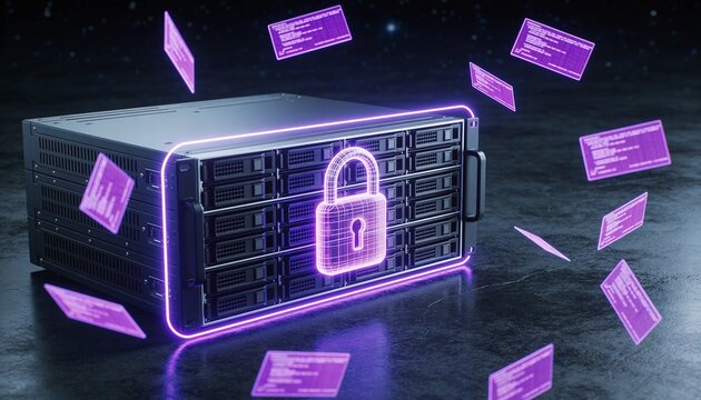Minimalist 3D render of a dark server rack encased in a violet glowing padlock energy field, floating purple encrypted data fragments, dark cosmic futuristic background, vibrant digital color scheme, 
