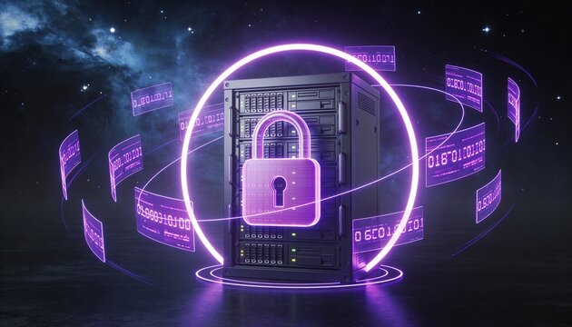 Minimalist 3D render of a dark server rack encased in a violet glowing padlock energy field, floating purple encrypted data fragments, dark cosmic futuristic background, vibrant digital color scheme, 