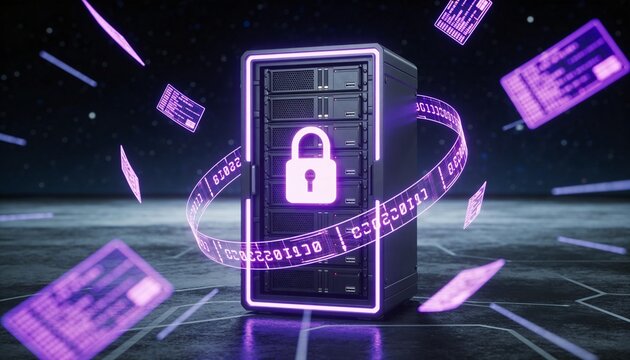 Minimalist 3D render of a dark server rack encased in a violet glowing padlock energy field, floating purple encrypted data fragments, dark cosmic futuristic background, vibrant digital color scheme, 