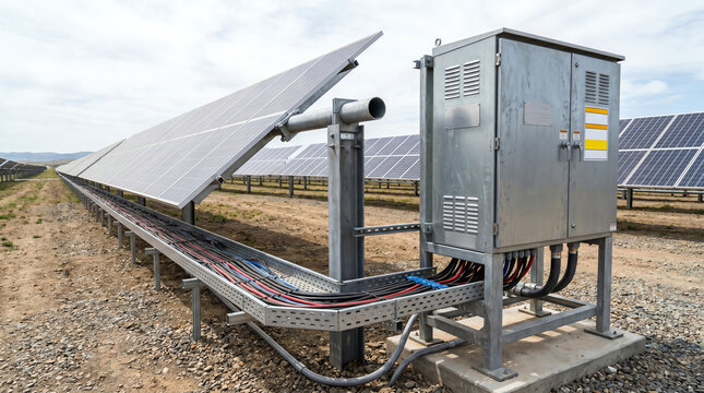 DC recombiner box and cable tray at a utility solar farm field row
