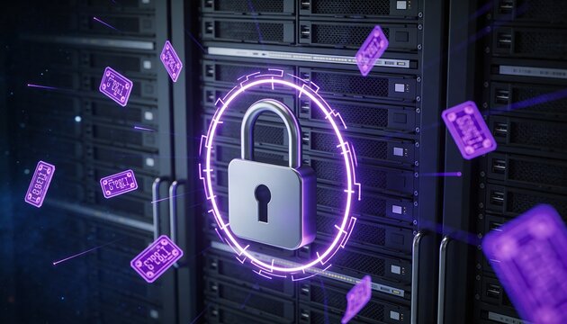 Minimalist 3D render of a dark server rack encased in a violet glowing padlock energy field, floating purple encrypted data fragments, dark cosmic futuristic background, vibrant digital color scheme, 