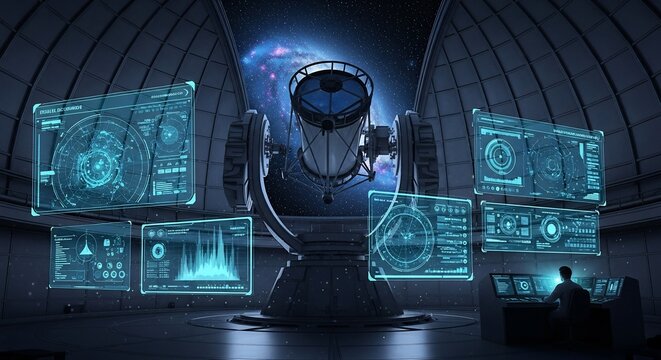 Astronomical observatory with futuristic screens and telescope