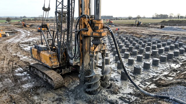 Deep soil mixing rig with twin augers blending cement slurry into the subgrade