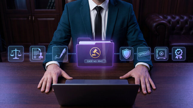 Lawyer or legal professional managing digital case files and automated paperwork on laptop, electronic signature, judicial document approval, and secure law firm management system