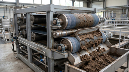 Fototapeta premium Belt filter press dewatering sludge into a brown cake at the discharge end