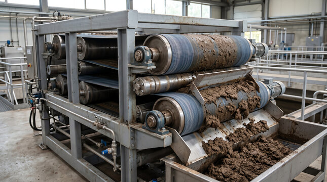 Belt filter press dewatering sludge into a brown cake at the discharge end