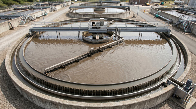 Center-feed circular clarifier with a rotating rake arm sweeping settled sludge