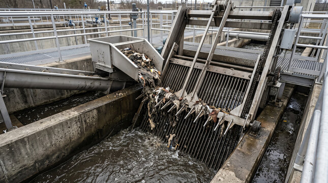 Mechanical bar screen at a wastewater plant headworks lifting debris from inflow