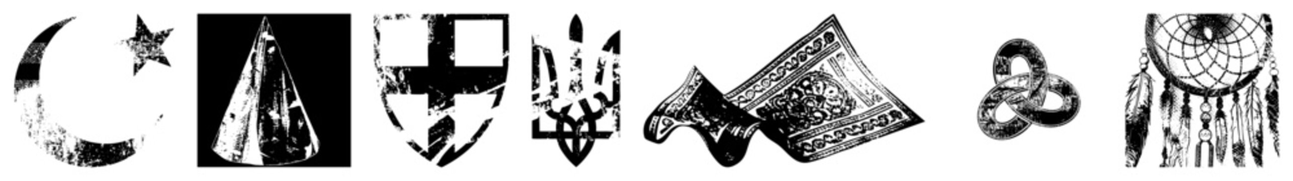 Collection of sacred and cultural emblems rendered as vector graphics includes lunar star, trident, shield, dreamcatcher ideal for spiritual,, or esoteric design.