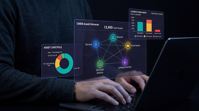 IT manager tracking CMDB asset universe and license compliance on laptop. Concept of IT asset management, software license auditing, infrastructure lifecycle, and enterprise resource planning