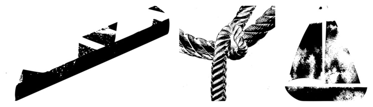 Rugged maritime symbols sailor&rsquo;s noose, skiff, anchor with grainy texture and distressed ink. Evokes vintage nautical vibes. Ideal for coastal branding or tattoo flash.