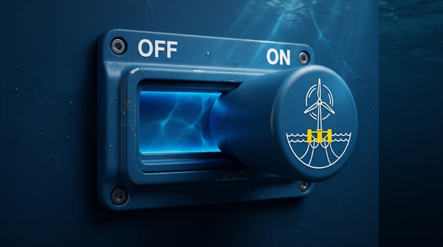 A 3D-rendered toggle switch in ON position with a floating offshore wind turbine icon on a deep ocean-blue surface representing floating wind energy.