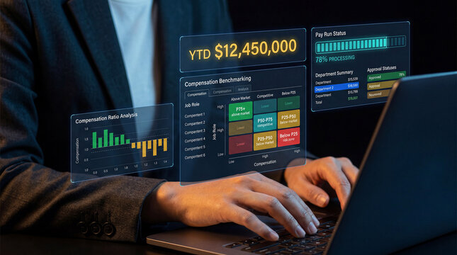 HR analytics reviewing payroll status and compensation benchmarking data on laptop. Concept of total rewards strategy, salary benchmarking, payroll processing, and corporate financial analytics