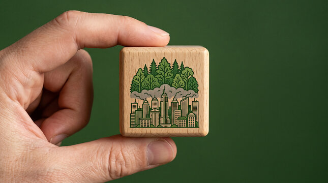A wooden cube with a forest absorbing city pollution icon held by hand on a rich earth-green background, symbolizing nature-based solutions for climate.