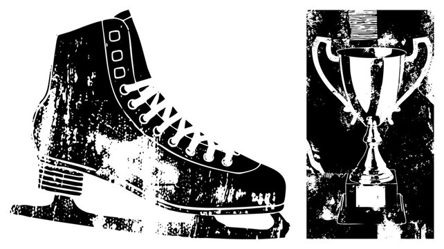 Rugged ice skate (blade boot/rink runner) gleaming trophy cup in gritty stencil art. Ideal for sports branding, vintage posters, apparel celebrating victory & grit.