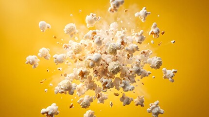 Naklejka premium Exploding Popcorn Bursting Outwards on a Vibrant Yellow Background
