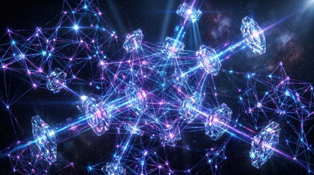 Vibrant quantum computing visualization with glowing blue and purple nodes and connections in a dark space background