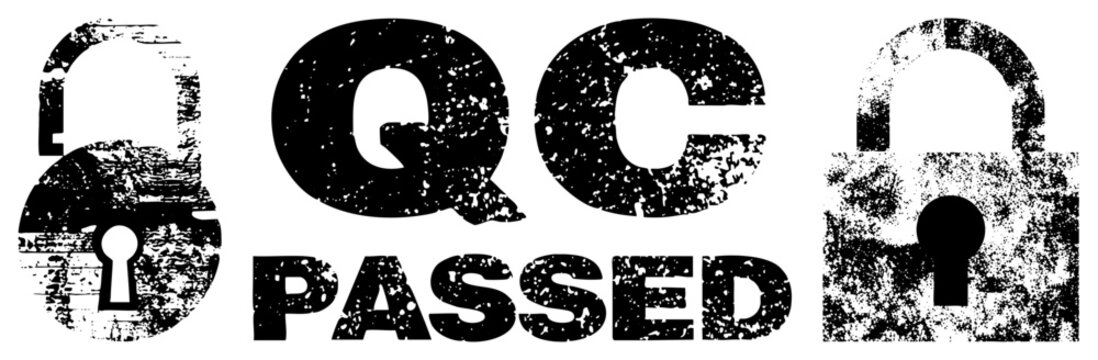 Stamped QC approval graphic with padlocks, brain bucket security, rugged texture ideal for certs, compliance badges, or industrial seals where skid lid reliability matters.