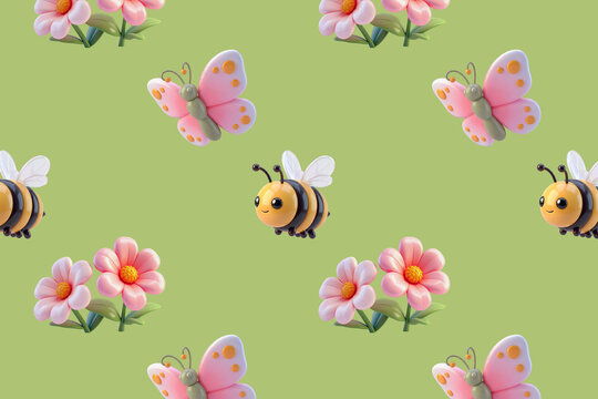3D isometric spring background with cute honey bees butterflies and pink flowers on green