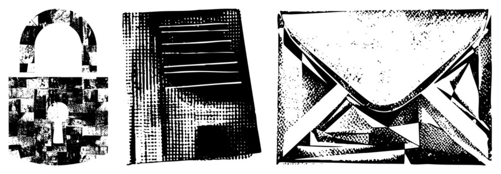 Three gritty, pixel dotted brain bucket padlock, skid lid envelope, sealed letter in high contrast black and white halftone. Ideal for edgy branding or streetwise security hints of hidden m