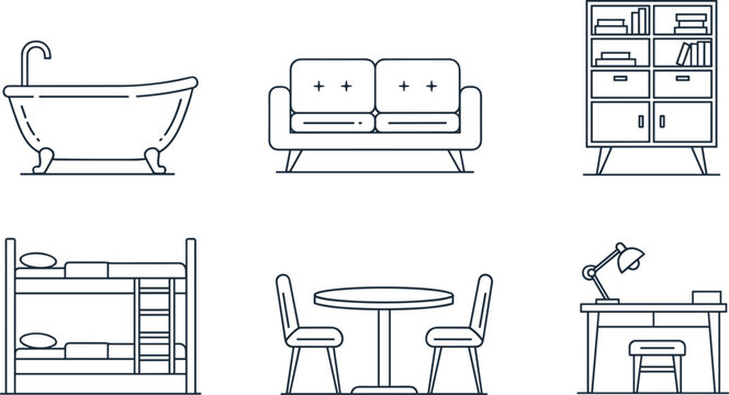 Collection of minimalist furniture line art icons featuring bathtub sofa bookshelf bunk bed table and desk