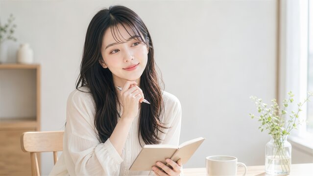 ノートとペンを持ち顎に手を当てて楽しそうに考え事をする女性