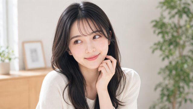 観葉植物のある明るい室内で頬に手を当てて微笑む若い女性
