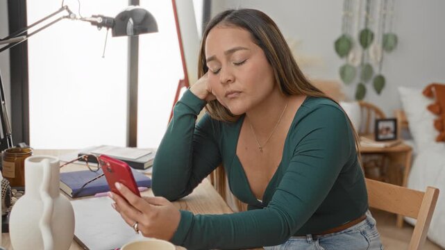 Woman at a cluttered desk holds a red smartphone in one hand and rests her head on the other while studying in a studio; study fatigue.