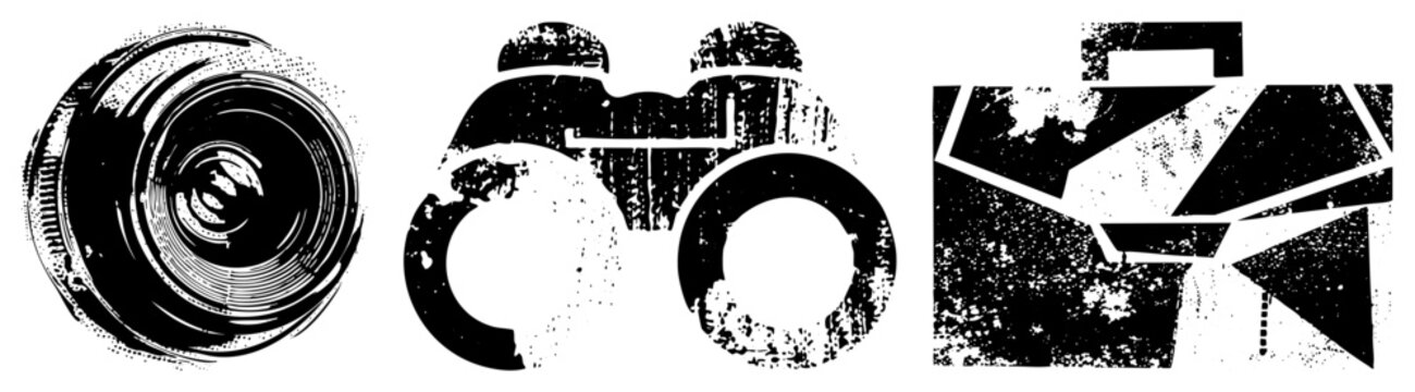 Rugged lens, binocs, travel case in gritty stencil art built for wild adventures. Ideal for wanderers & shutterbugs craving raw, vintage vibes.