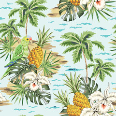 Tropical landscape, parrot, pineapples, orchid flowers, palm leaves, palm trees, islands, sea waves, light background. Seamless pattern. Vector illustration. Exotic plants, birds, fruits. Summer  © ojardin