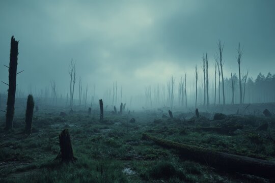 Abandoned Battlefield Covered in Fog With Broken Trees at Dawn