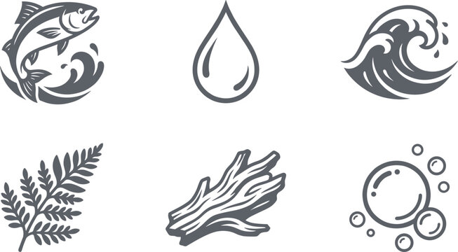 Set of nature themed icons featuring jumping fish water drop wave fern leaf driftwood and bubbles