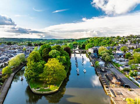 Totnes over River Dart from a drone, Devon, England
