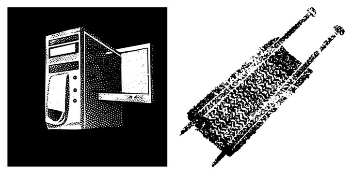 Retro PC case w/ open panel RAM stick, grainy dotwork. Tech gear gets punk texture ideal for nerd merch or hacker branding.