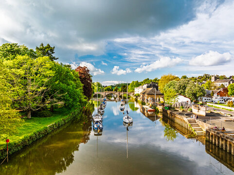Totnes over River Dart from a drone, Devon, England