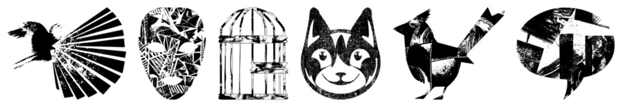 Six creatures & symbols like paw, birdie, cagey, chatterbox with gritty textures and sharp geometry. Evokes vintage zine energy for edgy branding or streetwear.
