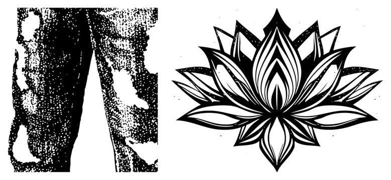 Sacred lotus (water lily/padma) with distressed denim legs in gritty halftone. Merges spiritual symbolism & urban edge ideal for tattoo flash or streetwear branding.