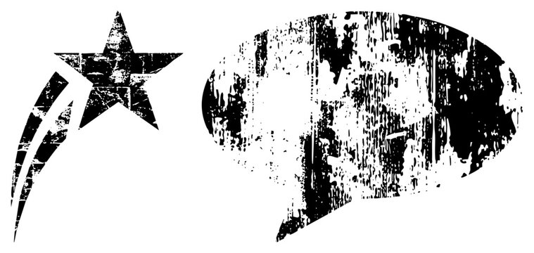 Rugged starburst & talk bubble in gritty stencil style edgy, urban glyphs perfect for streetwear, posters, decals, or social graphics.