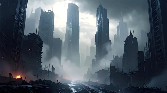 A dark and abandoned cityscape with skyscrapers.