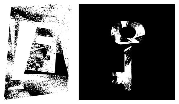 Gritty key & lock in raw stencil style &ldquo;brain bucket&rdquo; lock, &ldquo;skid lid&rdquo; key. Halftone streaked, urban decay vibe. Ideal for edgy branding or posters.