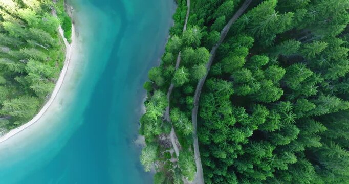 High-angle view of Lake Braies, Prags Dolomites, Italy