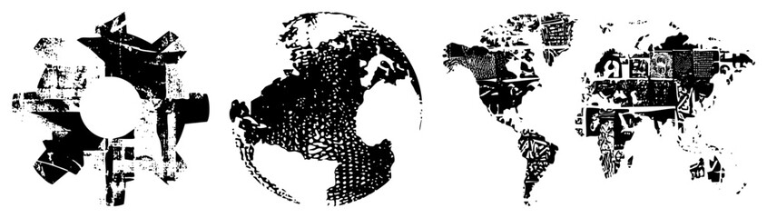 Fototapeta premium Gritty halftone globe gear in high contrast black/white “world machine” vibe. Evokes vintage tech, global networks, mechanical earth. Ideal for posters/branding needing raw, analog edge.
