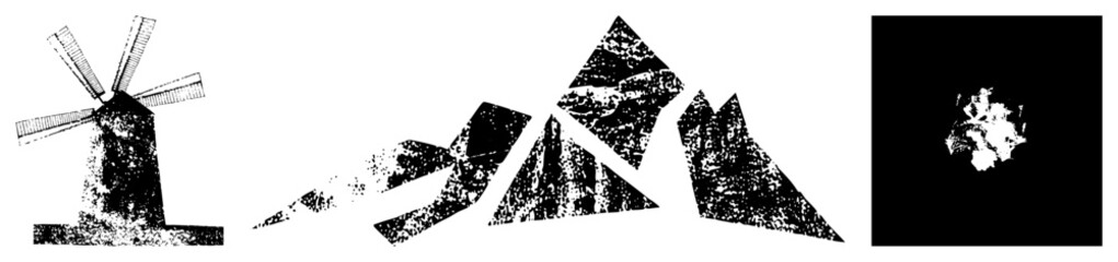 Fototapeta premium Rustic windmill, jagged peaks in gritty halftone breeze spinner or hilltop grinder. Stark black shapes evoke moody rural scenes, ideal for edgy branding or vintage posters.