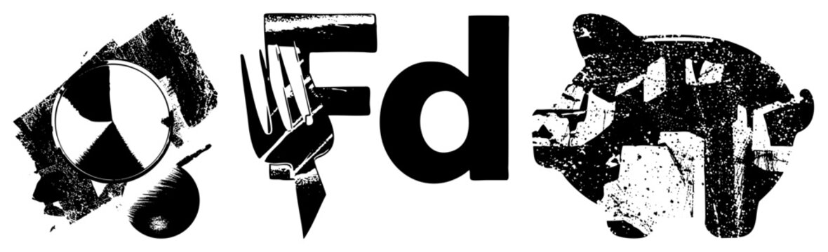 Rugged black and white graphics show a piggy bank, forked utensil, and radiation warning sometimes called porker or swine coin jar, with gritty halftone textures evoking punk zines or street art.